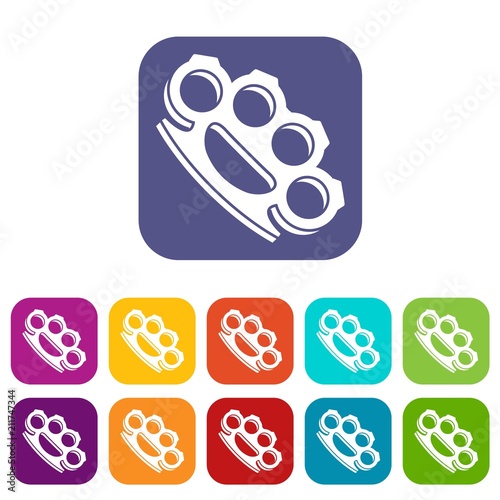 Brass knuckles icons set vector illustration in flat style in colors red, blue, green, and other
