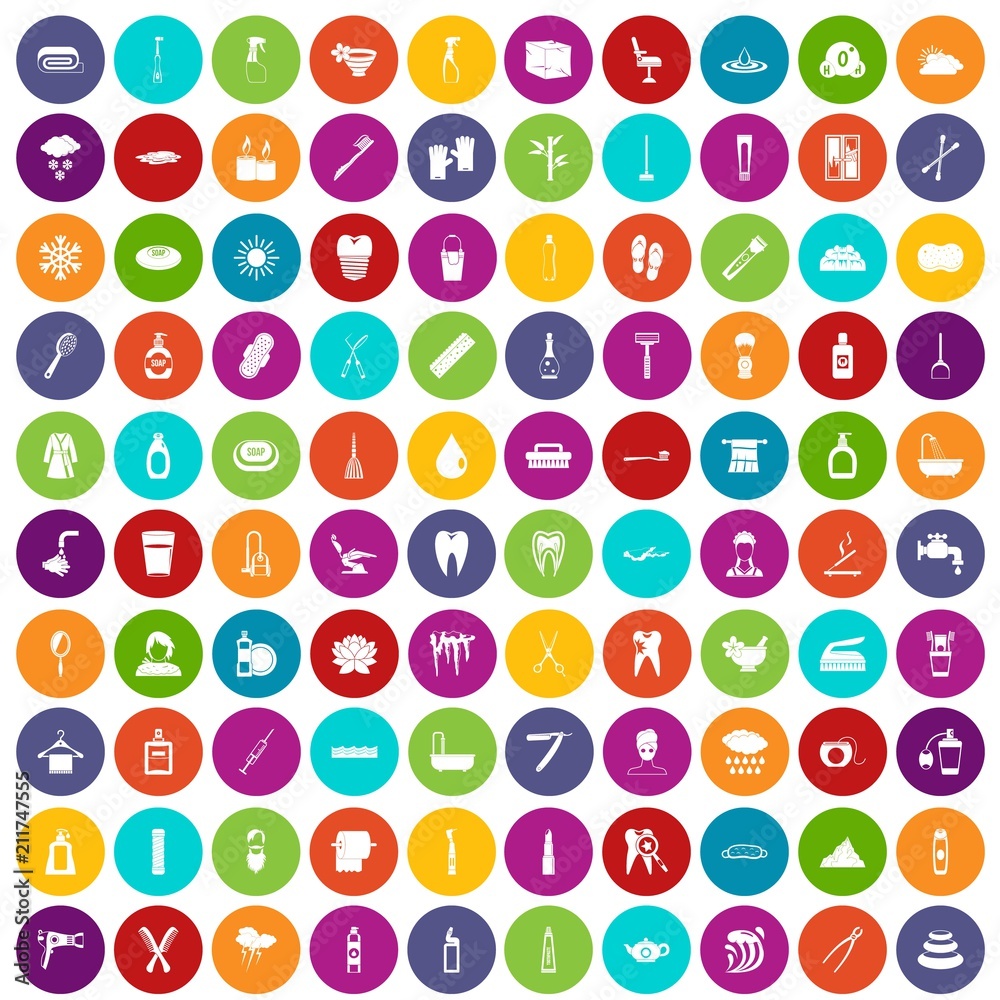 100 hygiene icons set in different colors circle isolated vector illustration
