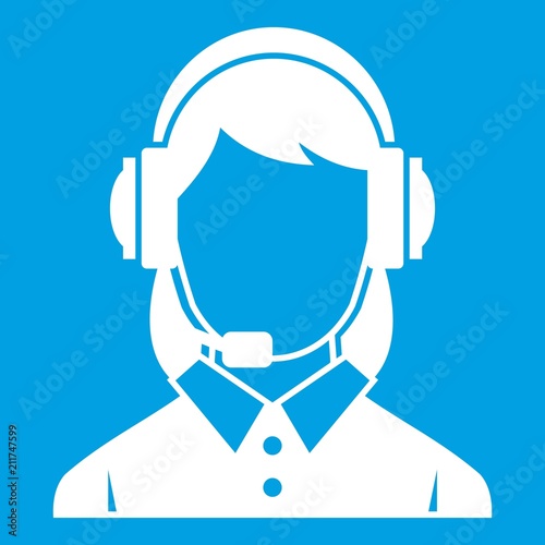 Business woman with headset icon white isolated on blue background vector illustration