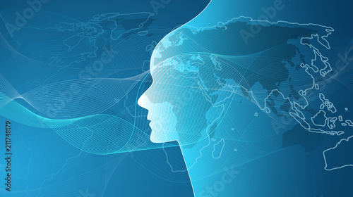 Machine Learning, Artificial Intelligence, Cloud Computing, Global Automated Support Assistance and Networks Design Concept with World Map, Wavy Pattern and Human Head