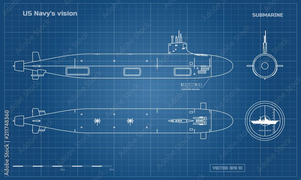 Blueprint of submarine. Military ship. Top, front and side view. Battleship model. Industrial drawing. Warship in outline style