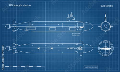 Blueprint of submarine. Military ship. Top, front and side view. Battleship model. Industrial drawing. Warship in outline style