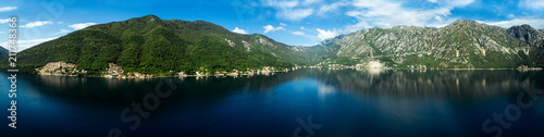 Aerial panoramic view of the Kotor bay and villages along the coast