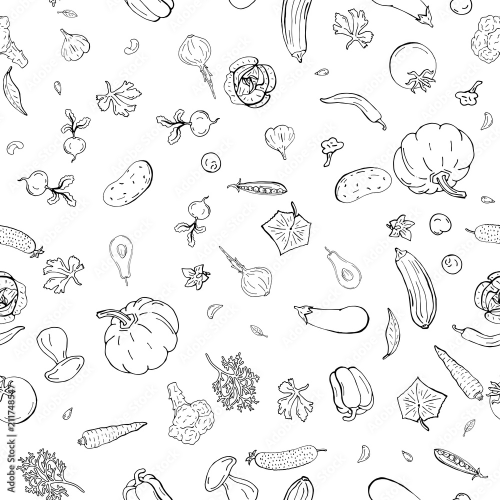 Vector seamless pattern retro drawing of vegetables. Can be used for web page background, fills drawings, wallpapers, surface textures. Vector seamless pattern retro drawing of vegetables. Can be used for web page background, fills drawings, wallpapers, surface textures.