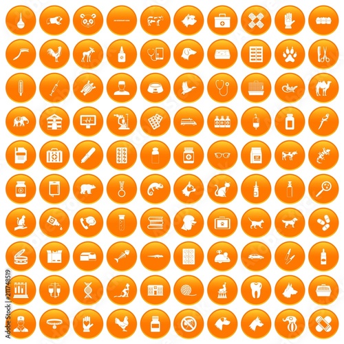100 veterinary icons set in orange circle isolated on white vector illustration
