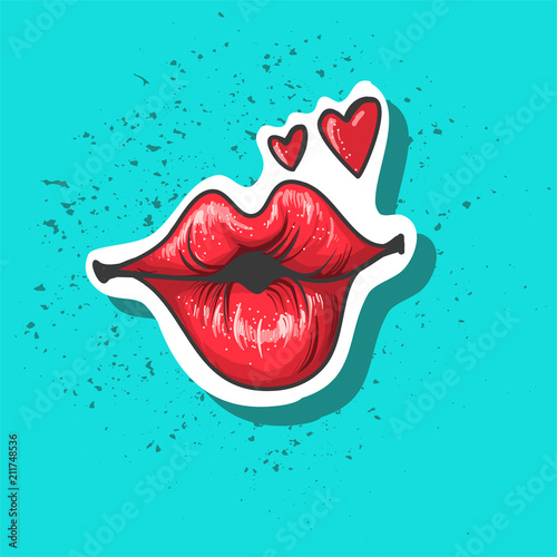 Lips kiss. Vector patch, sticker isolated on blue. Patched Cool sexy red kissed. Cartoon comics Sign for print, Fashion, pop art, retro style 80-s 90s