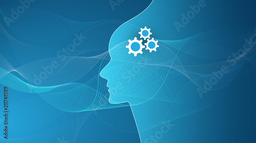 Futuristic Machine Learning, Artificial Intelligence, Cloud Computing, Automated Support Assistance and Networks Design Concept with Wavy Pattern and Human Head