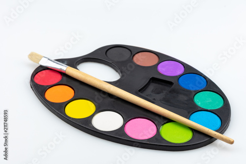 paintbrushes palette and watercolor paints