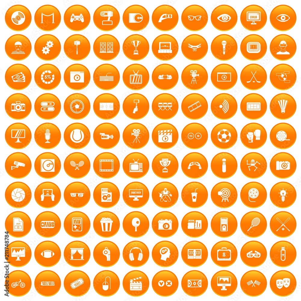 100 video icons set in orange circle isolated on white vector illustration