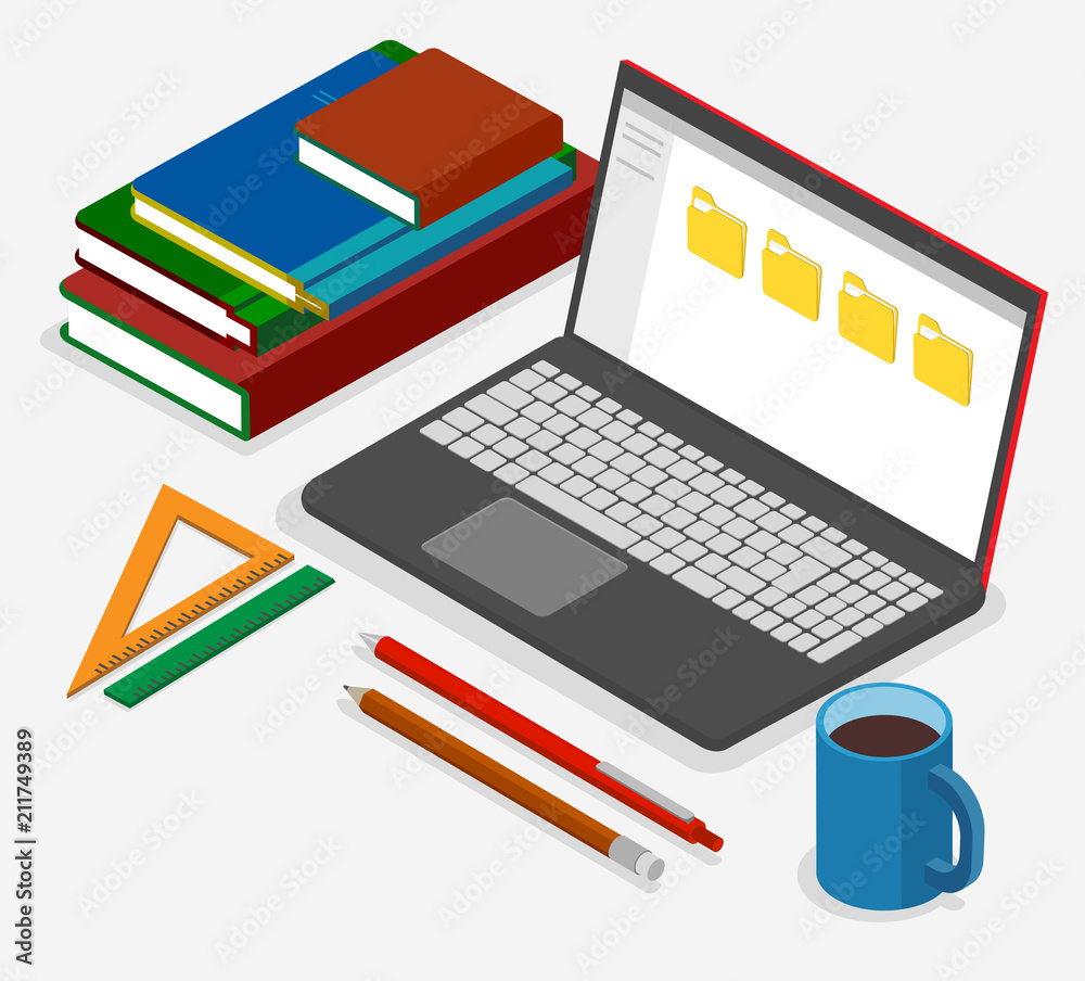 Workplace with laptop and stationery. Isometric illustration. Workplace with laptop and stationery. Isometric illustration.