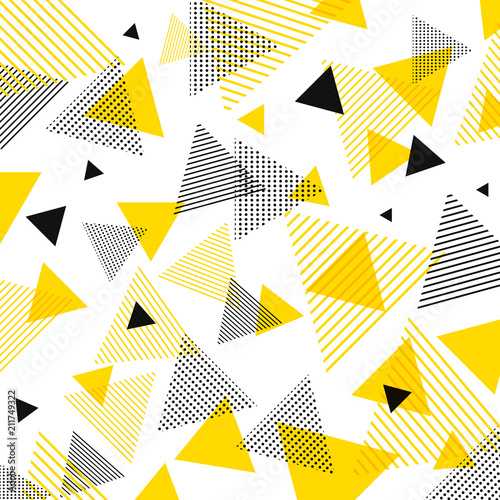 Abstract modern yellow, black triangles pattern with lines diagonally on white background.