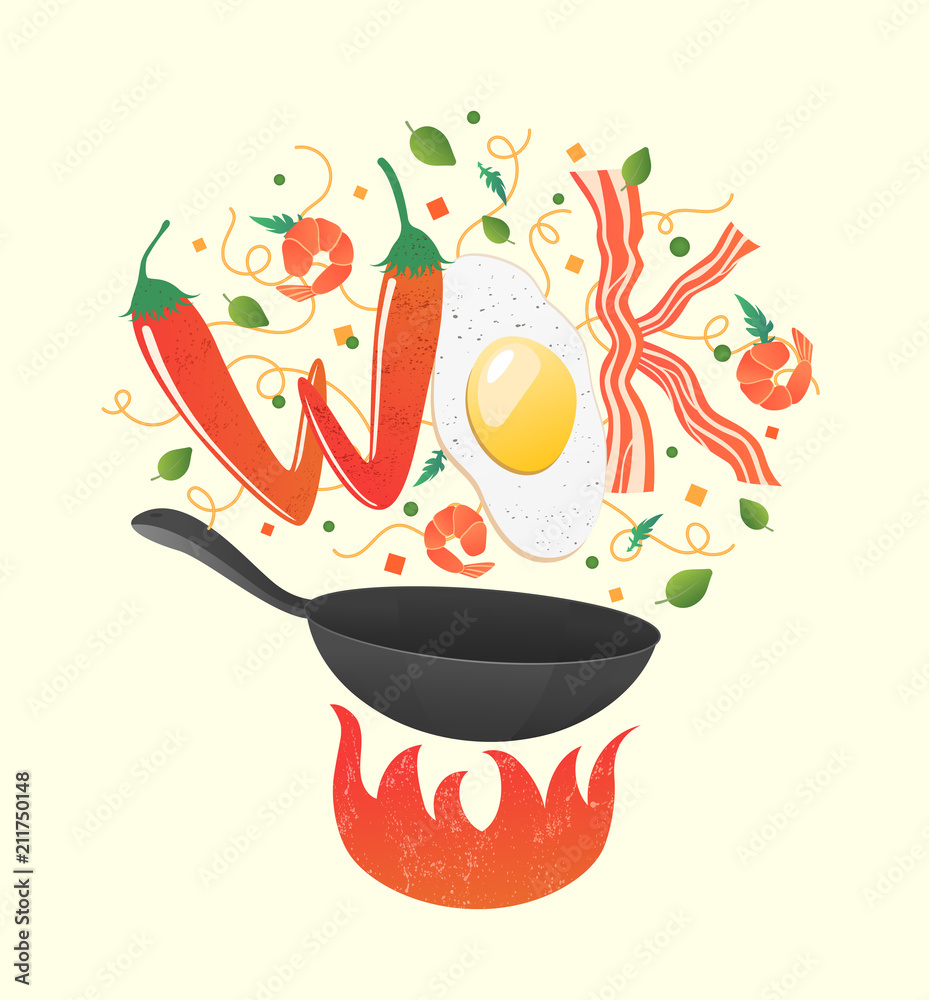 Dochter Zes Nucleair Wok logo for thai or chinese restaurant. Stir fry with edible letters.  Cooking process vector illustration. Flipping Asian food in a pan over  fire. Cartoon flat style Stock Vector | Adobe Stock