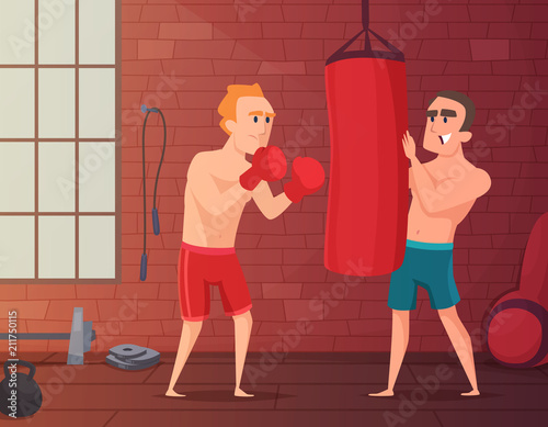 Boxer training. Male hits to punching bag at the gym. Cartoon sport characters