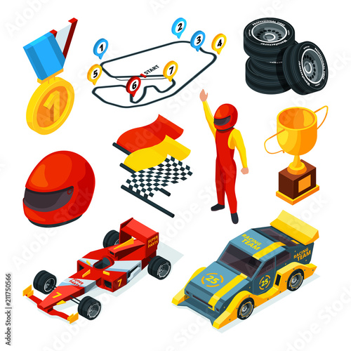 Sport racing symbols. Isometric pictures of racing cars and formula 1 symbols