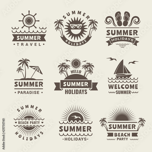 Summer badges. Vector monochrome labels of summer time. Tropical illustrations