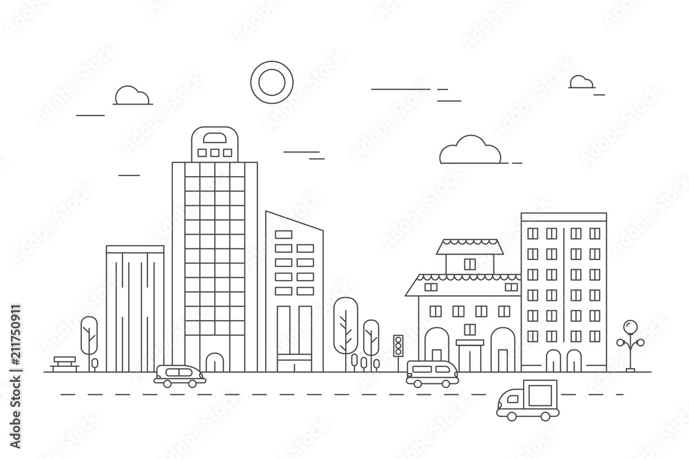 Urban landscape. Vector linear pictures of various city buildings