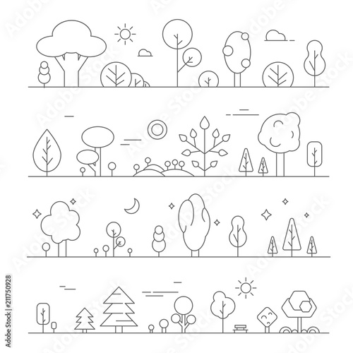 Landscapes with plants. Vector mono line pictures of hills and trees