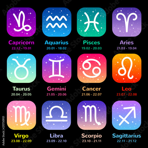 Set, collection of simple flat style zodiac signs, icons with names and dates. Colorful gradient cosmic square backgrounds with rounded corners. Colorful, bright night sky with stars, dots, sparks.