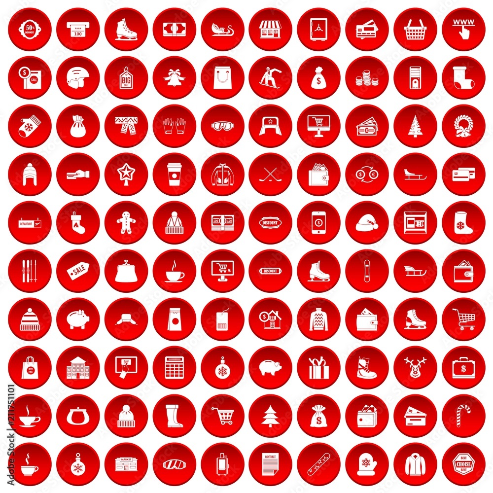 100 winter shopping icons set in red circle isolated on white vectr illustration 100 winter shopping icons set in red circle isolated on white vectr illustration