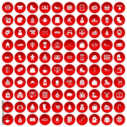100 winter shopping icons set in red circle isolated on white vectr illustration