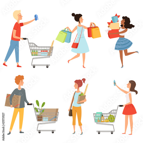 Male and female shopping. Vector pictures of various characters in shop