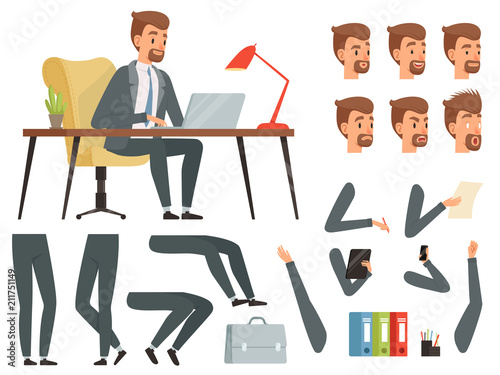 Businessman workspace. Vector mascot creation kit. Various key frames for business character animation