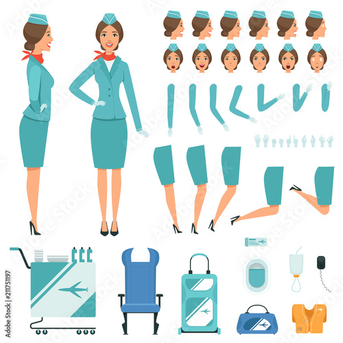Constructor characters of Stewardess. Vector mascot creation kit
