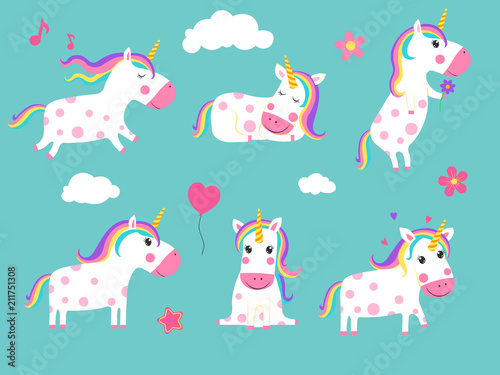 Cartoon unicorns. Cute fairy tale animals in dynamic poses