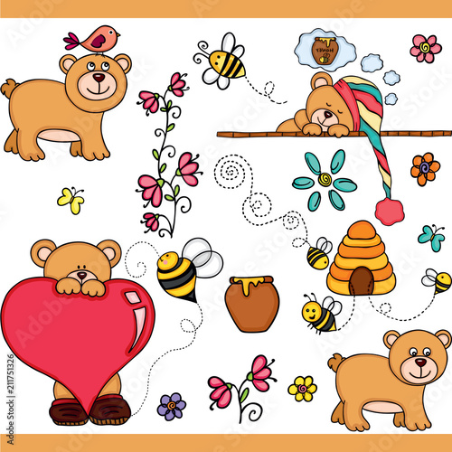 Cute teddy bear set digital elements
