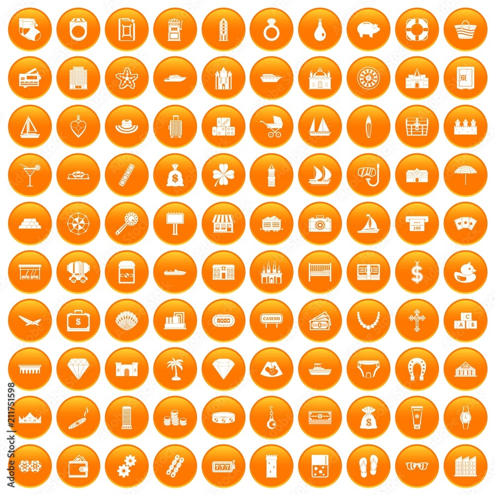 100 wealth icons set in orange circle isolated on white vector illustration