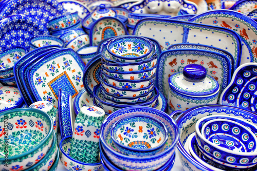 Blue handmade traditional polish pottery