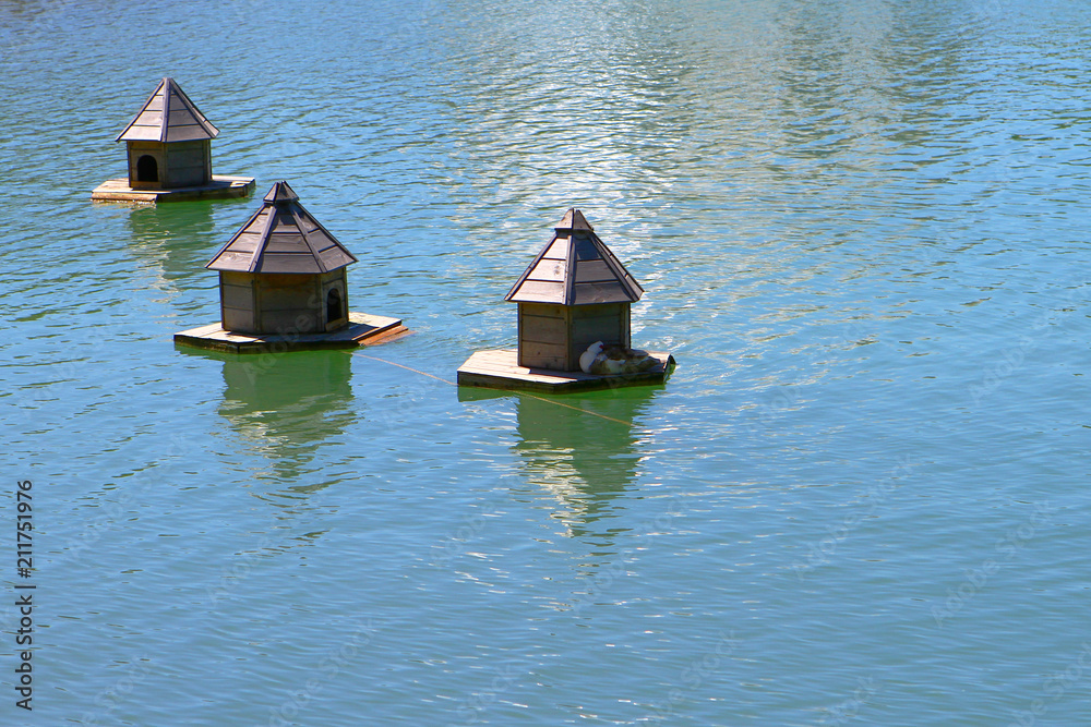Houses for the ducks on a lake water waves on a sunny summer day