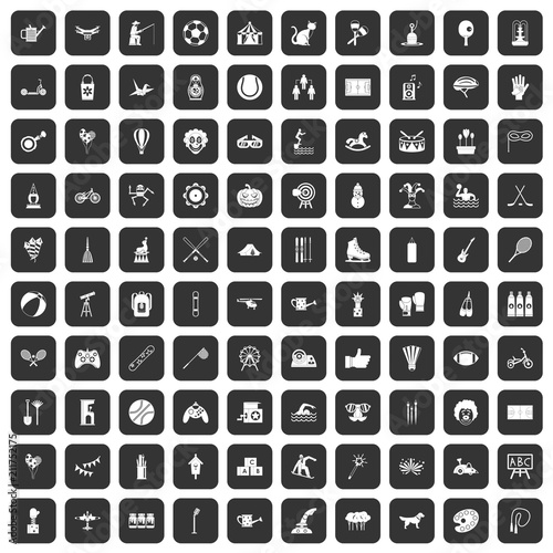 100 kids activity icons set in black color isolated vector illustration