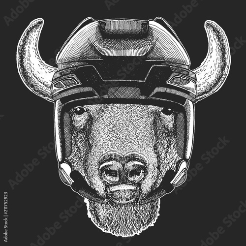 Canvas Print Buffalo, bison,ox, bull Wild animal wearing hockey helmet
