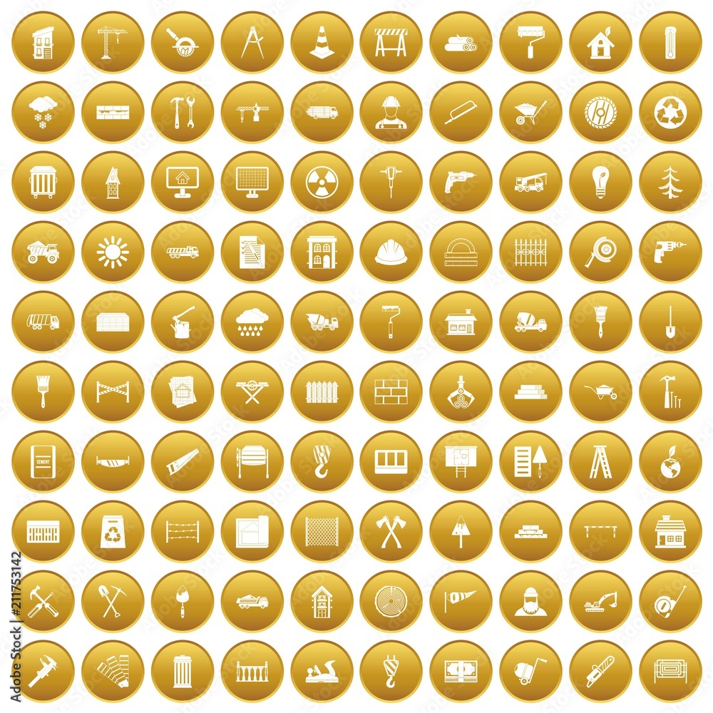 100 building materials icons set in gold circle isolated on white vectr illustration 100 building materials icons set in gold circle isolated on white vectr illustration