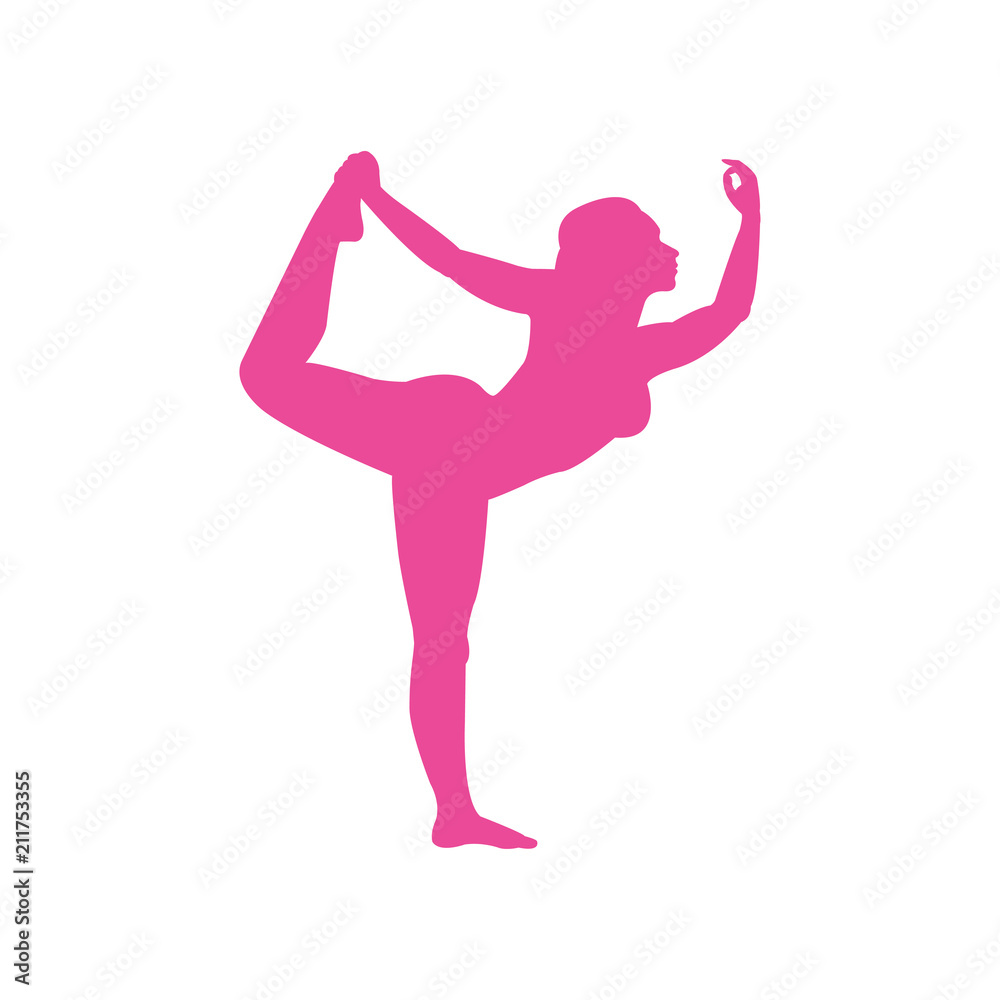 Icono plano postura de yoga mujer de pie en color rosa Icono plano postura de yoga mujer de pie en color rosa