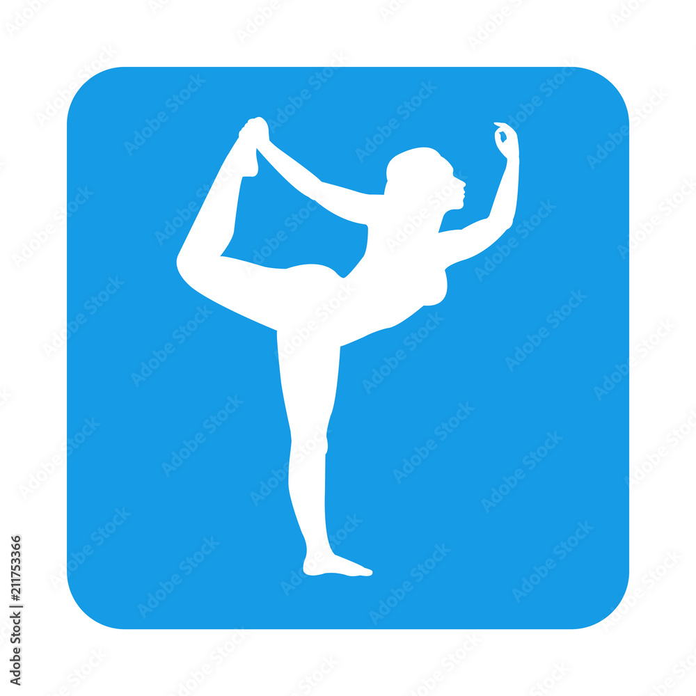 Icono plano postura de yoga mujer de pie en cuadrado azul Icono plano postura de yoga mujer de pie en cuadrado azul