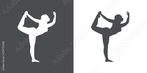 Icono plano postura de yoga mujer de pie en gris y blanco