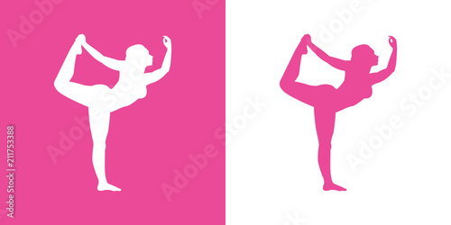 Icono plano postura de yoga mujer de pie en rosa y blanco