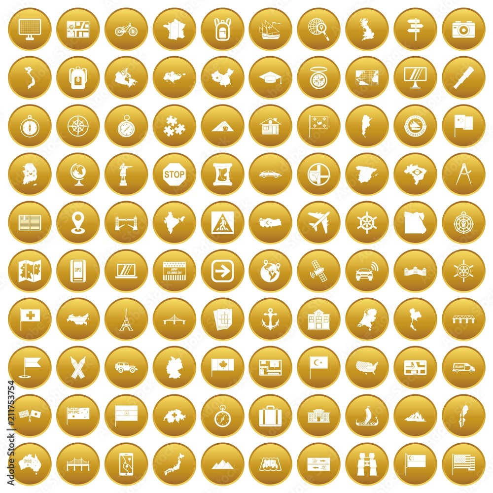 100 cartography icons set in gold circle isolated on white vectr illustration