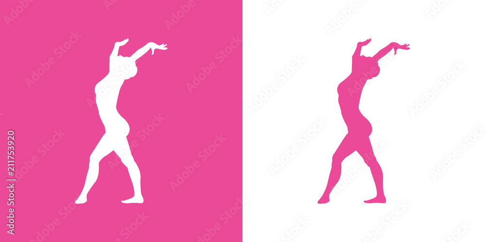 Icono plano silueta mujer gimnasia en suelo en rosa y blanco