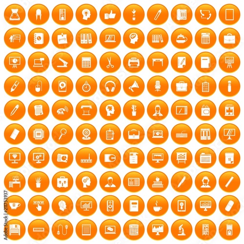 100 work space icons set in orange circle isolated on white vector illustration
