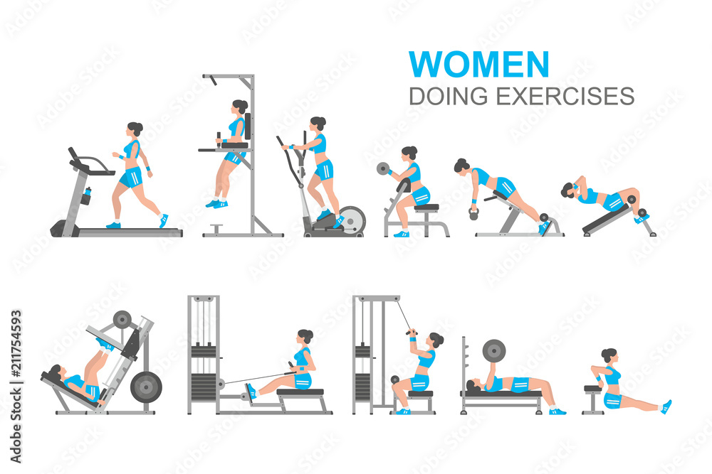 Women doing exercises, flat style. isolated on white background