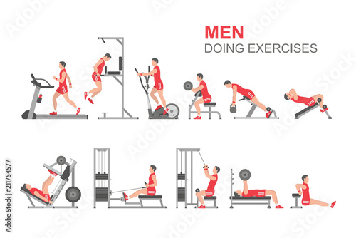 Fototapeta Men doing exercises, flat style. isolated on white background