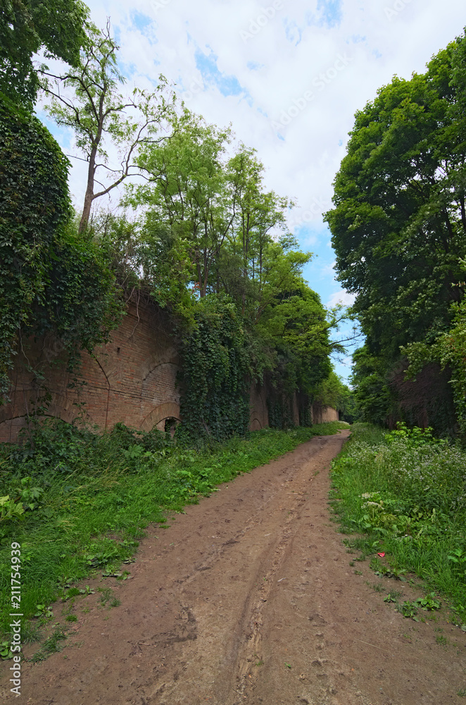 Way to the abandoned Tarakaniv Fort. Architectural monument of 19th century. Summer cloudy day. Rivne oblast, Ukraine Way to the abandoned Tarakaniv Fort. Architectural monument of 19th century. Summer cloudy day. Rivne oblast, Ukraine
