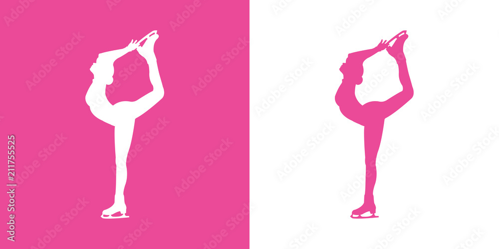 Icono plano silueta mujer patinando sobre hielo en rosa y blanco