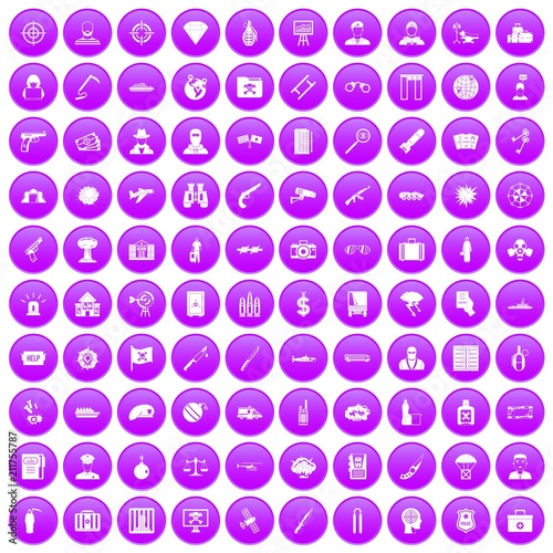100 antiterrorism icons set in purple circle isolated on white vector illustration