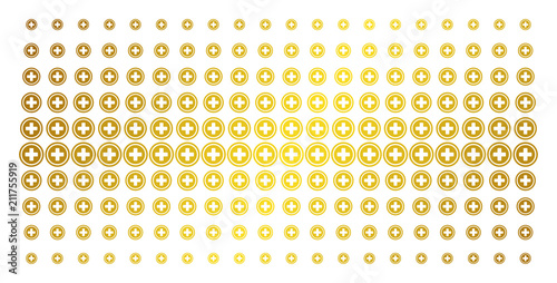 Pharmacy icon gold colored halftone pattern. Vector pharmacy pictograms are arranged into halftone grid with inclined gold gradient. Constructed for backgrounds, covers,