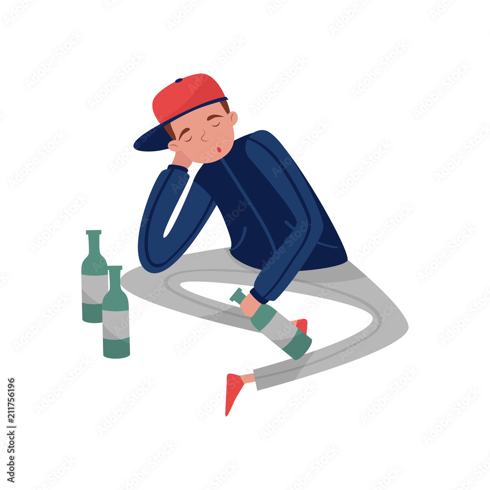 Smiling drunk young man cartoon character, guy sitting and sleeping vector Illustration on a white background