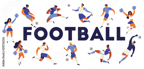 Football soccer players cheerleaders fans set of isolated human figures with merch marks of favourite team. Vector illustration.
